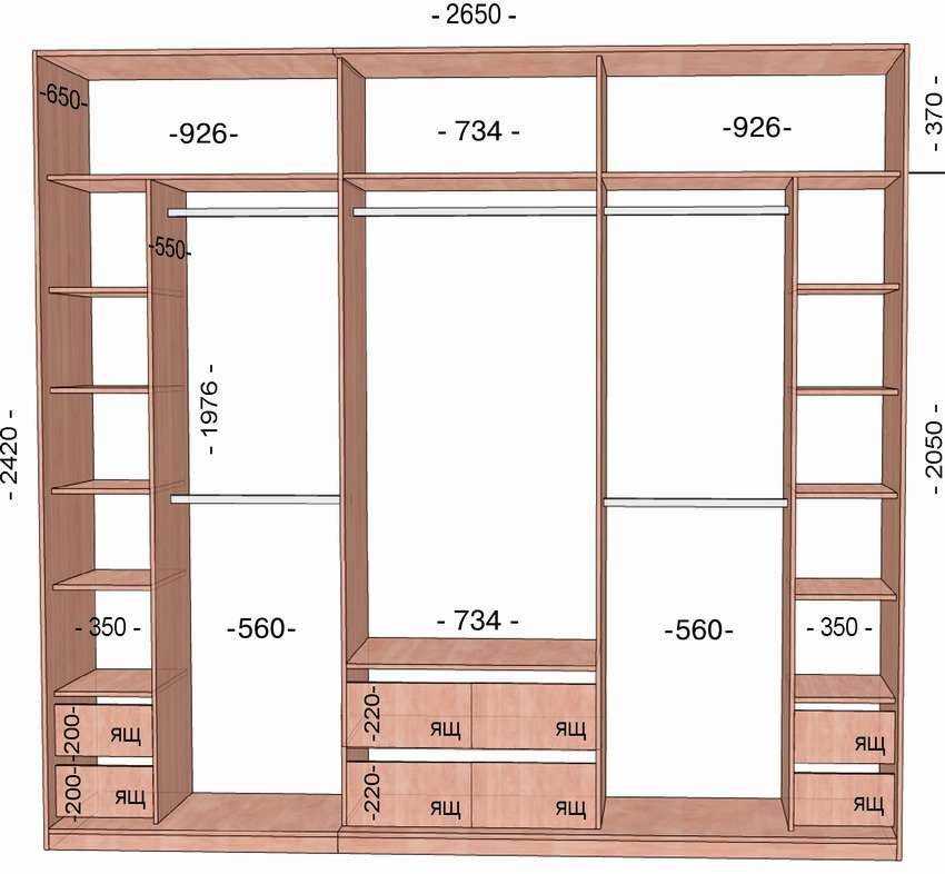 Наполнение шкафа купе в прихожую, гардероб и гостиную с размерами и схемами