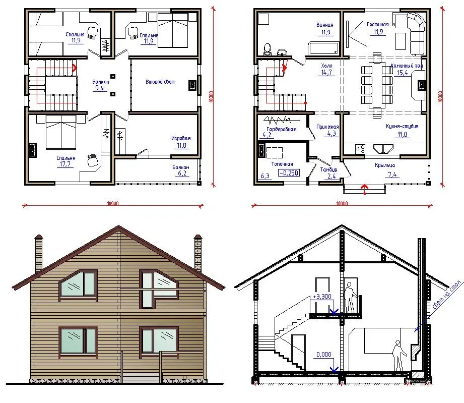 План дома 2 этажа с мансардой 10 на 10